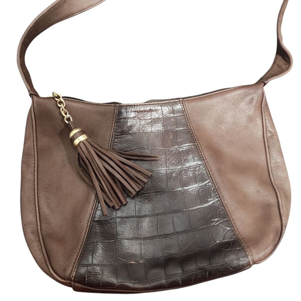 Jacqueline Ferrar Brown Leather Shoulder Bag Croc‎ Embossed Panel Tassel